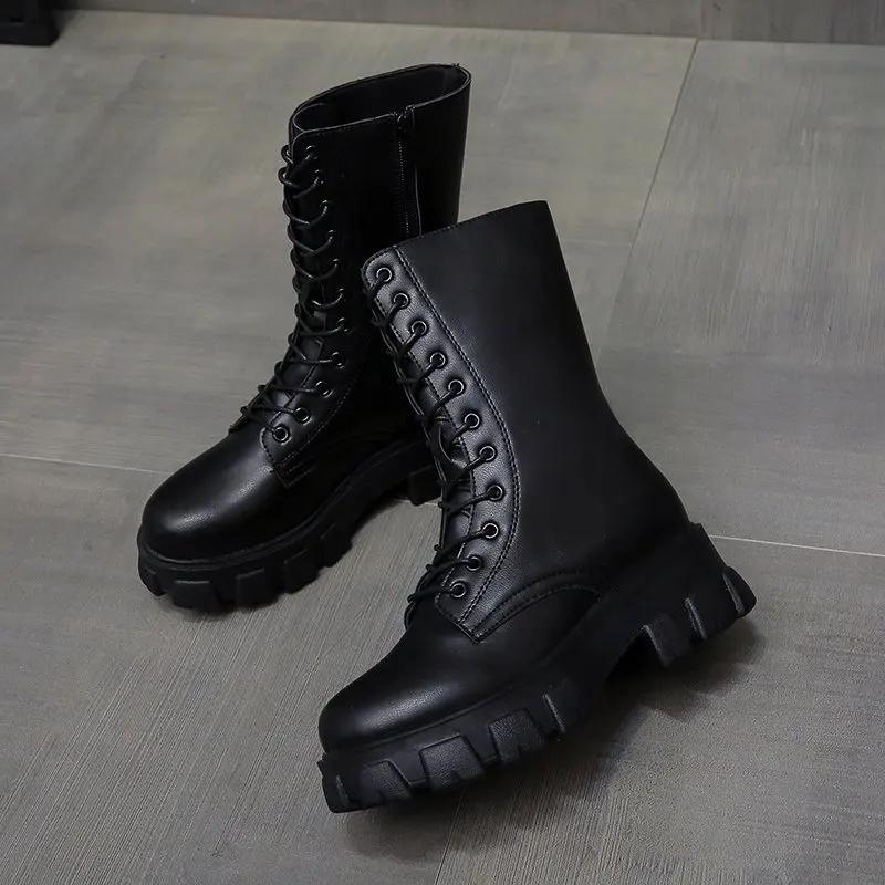 2024 Winter Shoes Women White Boots Autumn Fashion PU Leather Platform Gothic Boots Punk Combat Mid-Calf Boots For Women Booties
