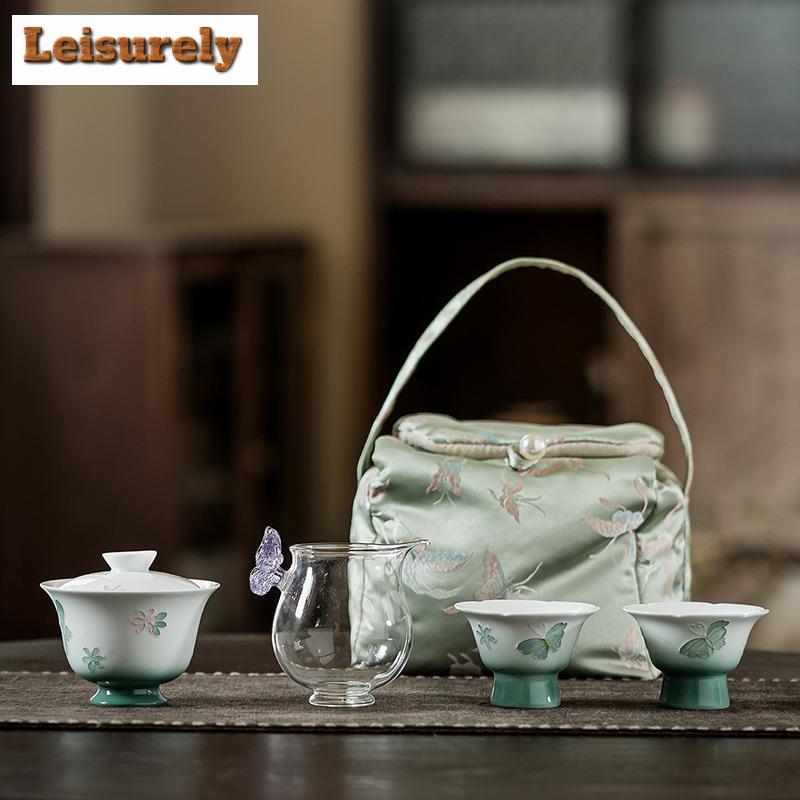 Schmetterlingsblume Reise-Teegeschirr-Set Ästhetisch 1 Kanne 2 Tassen Tee-Zubereitungs-Organizer Tragbare Outdoor-Handtasche Teegeschirr-Sammlung Geschenk