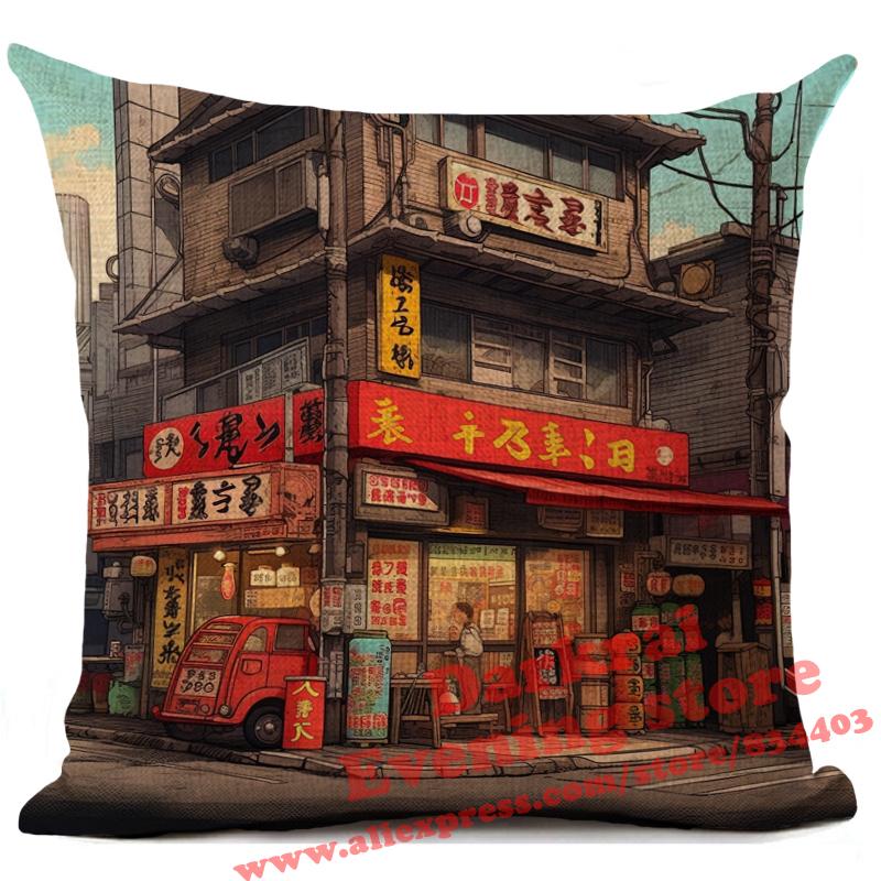 Cartoon Straßenecke Leinen Kissenbezug Japan Architekturstil Heimdekoration Wohnzimmer Sofa Dekokissen Hülle 45x45cm