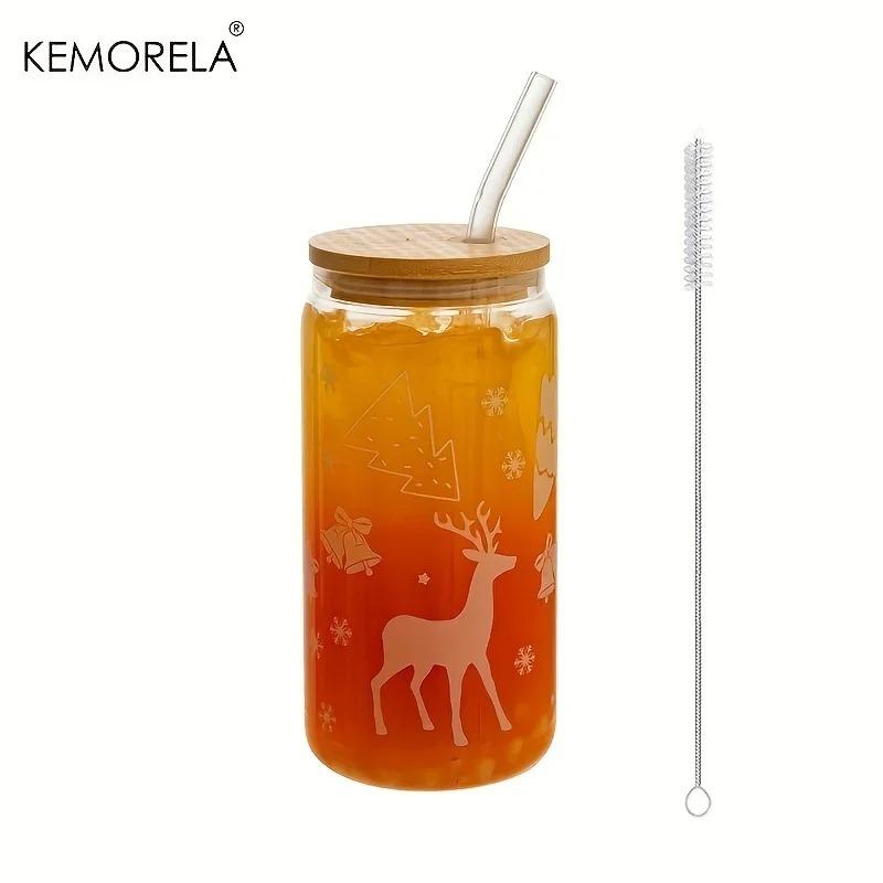 1/4PCS Christmas Glass Cup Beer Can Coffee Mug With Lid And Straw Xmas Tree Elk Tumbler 480ML Drinking Glassware Drinkware Gifts