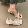 New bow-tied back strap high heels for women's summer wear, word strap temperament, open-toed square head sandals
