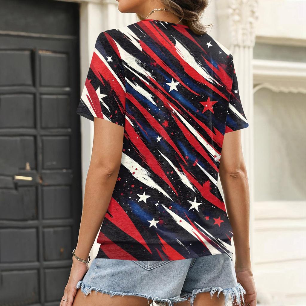 Women's Casual Short Sleeve V Neck Top Independence Day Printed T Shirt Lightweight Comfortable Summer Blouse