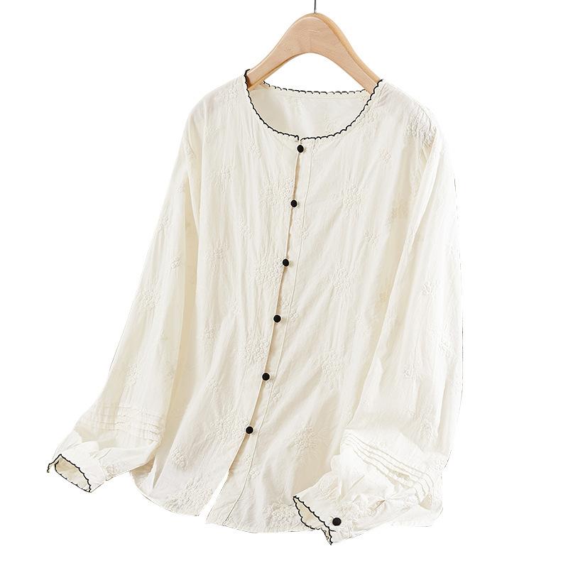 Pure Cotton Embroidered Shirt for Women Long Sleeves Summer New Thin Top Temperament Lady Round Neck Shirt
