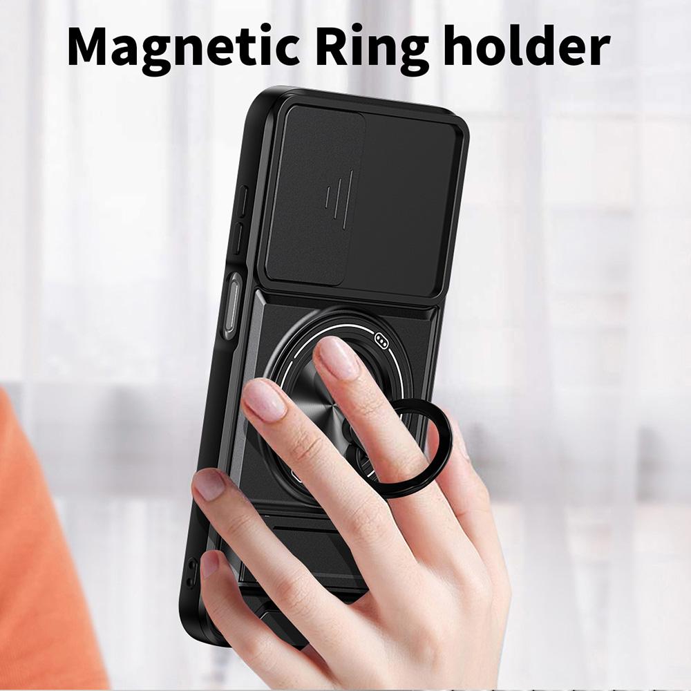 For Samsung Galaxy A25 5G (Global) (161mm) Magnetic Case Ring Holder Foldable Kickstand TPU PC Phone Cover with Camera Lens Slider