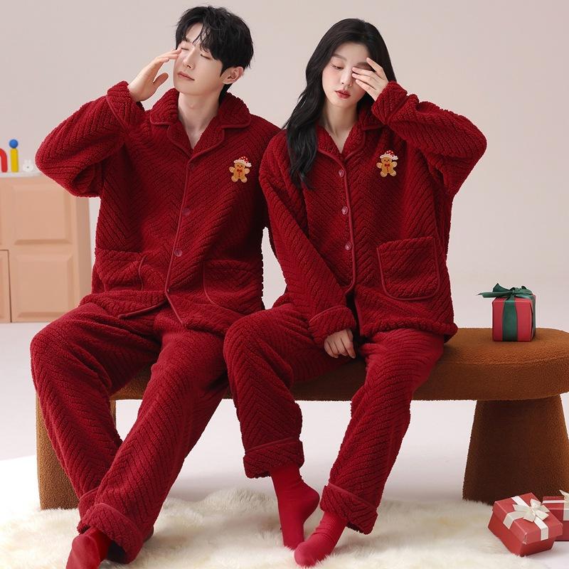 Couple Pajamas Women'S Autumn And Winter Coral Fleece Birth Year New Wedding Festive Big Red Men'S Loungewear Suit