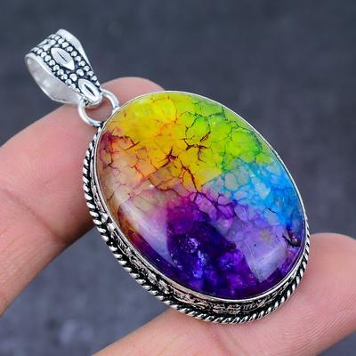 Natural Rainbow Solar Quartz Handmade 925 Sterling Silver Pendant 2.21" A4T20
