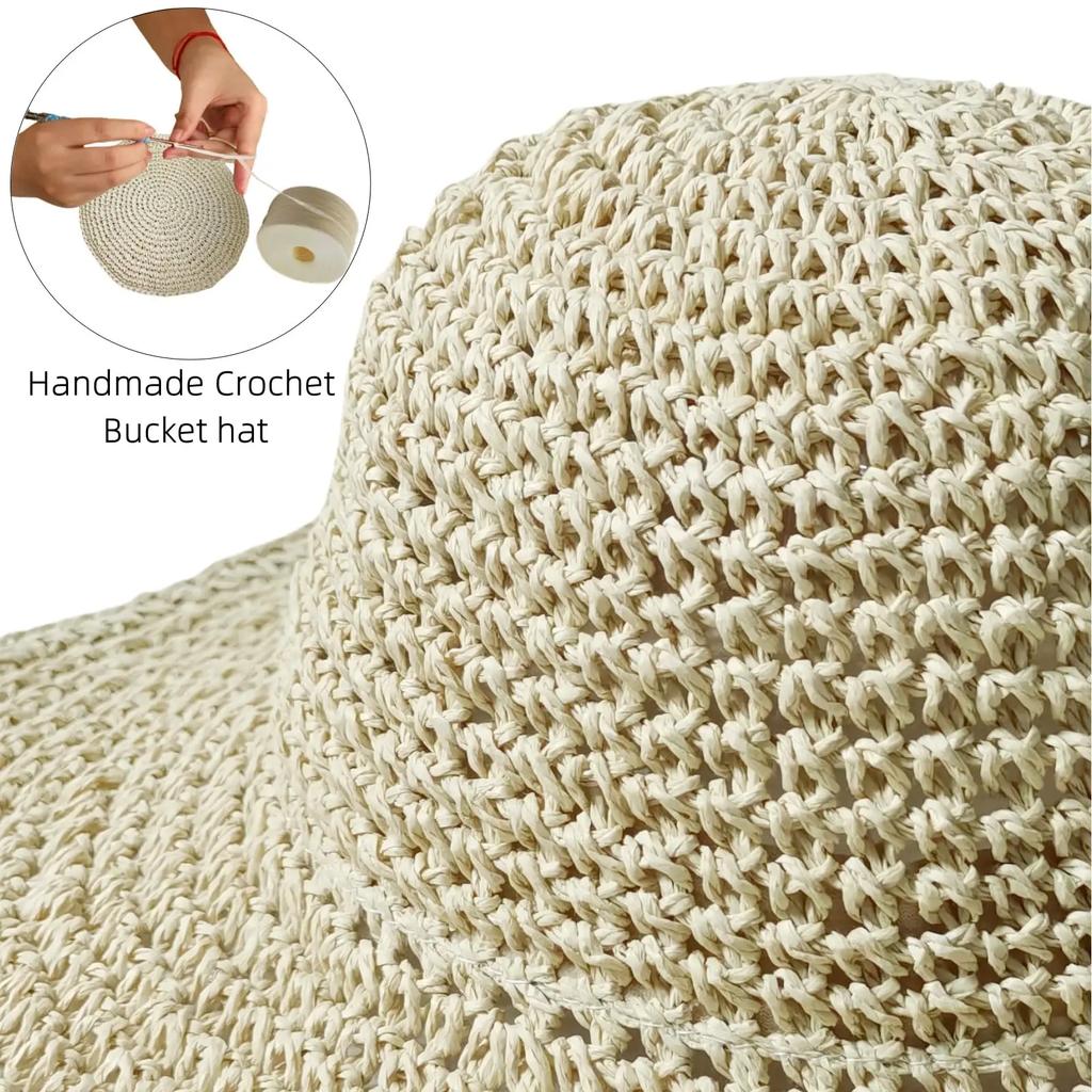 Women's Summer UV-Protect Crochet Straw Bucket Hat Fashionable Breathable Sunshade Cap with Foldable Visors for Beach Outdoor