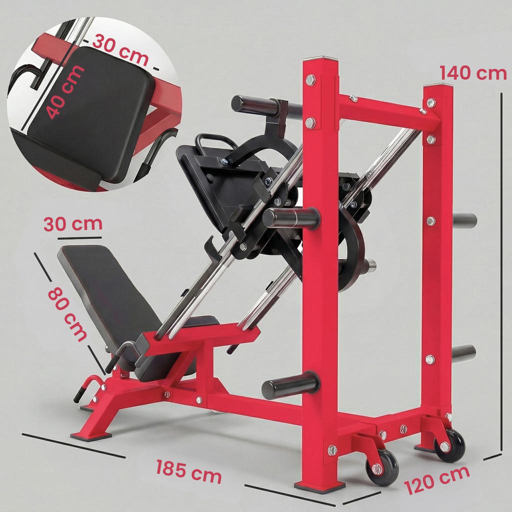 Leg Press Machine, Leg Training, Hack Squats, 455 kg, Adjustable, 185 x 120 x 140 cm, Red