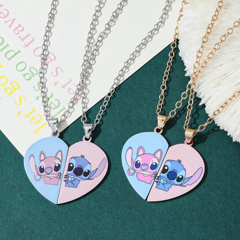 Disney-Stitch Heart Necklace for Couple, Gold and Silver Color, Angel and Stitch, Cute Style , Jewelry Pendant, Gift for Girl, 1