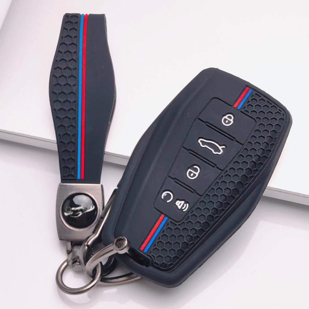 Silicone Folding Remote Key Sleeve for Geely Emblem Coolray Emgrand GT GS Manjaro with Keychain Honeycomb Texture Racing Stripe Flip Key Fob Protector