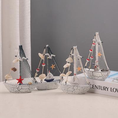 Mini Sailboat Model Nautical Resin Sailing Boat Decoration with Shell Starfish Rustic Vintage Beach Ocean Theme Ship Ornament for Home Office Bedroom