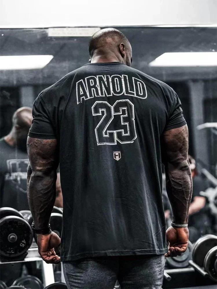 2025 Men's 100% Cotton Short Sleeve Fitness America Loose Muscle Tough Guy Top Breathable Sport Arnold Classic T-shirt