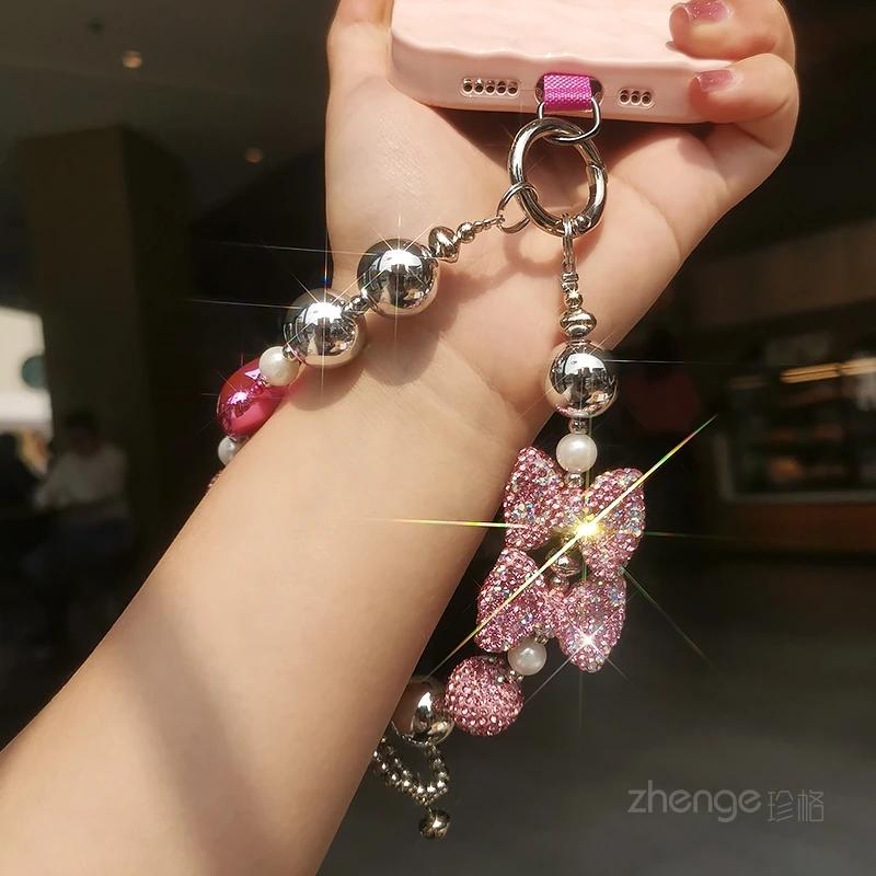 Phone Strap Dense Diamond Bow Beaded Bracelet Hanging Rope Flash Diamond Handheld Wrist Ornament Clip Style Phone Case