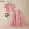 ZANZEA Blusa a Maniche Corte da Donna e Gonne Lunghe Casual Set Completi Due Pezzi