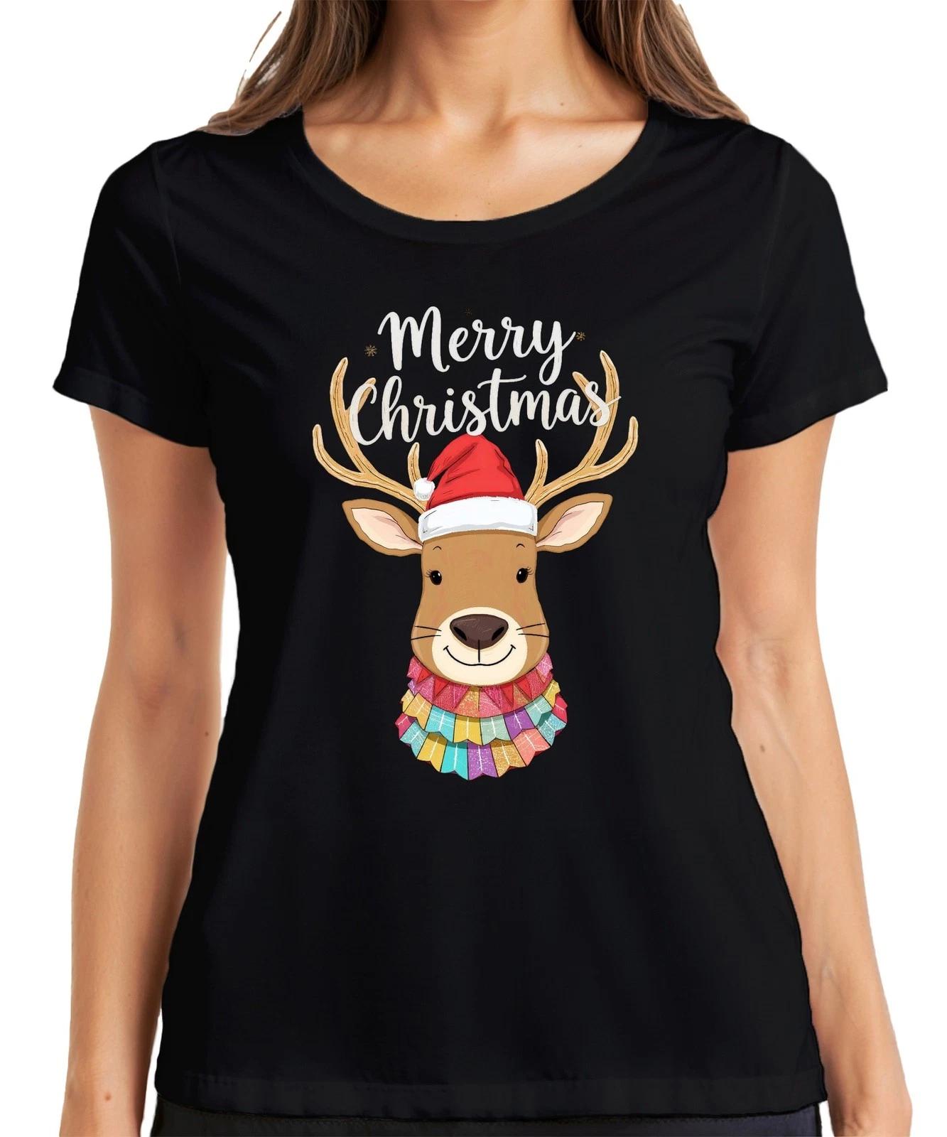 Merry Christmas Weihnachten Rentier Nikolausmütze niedlich bunt Damen T-Shirt M