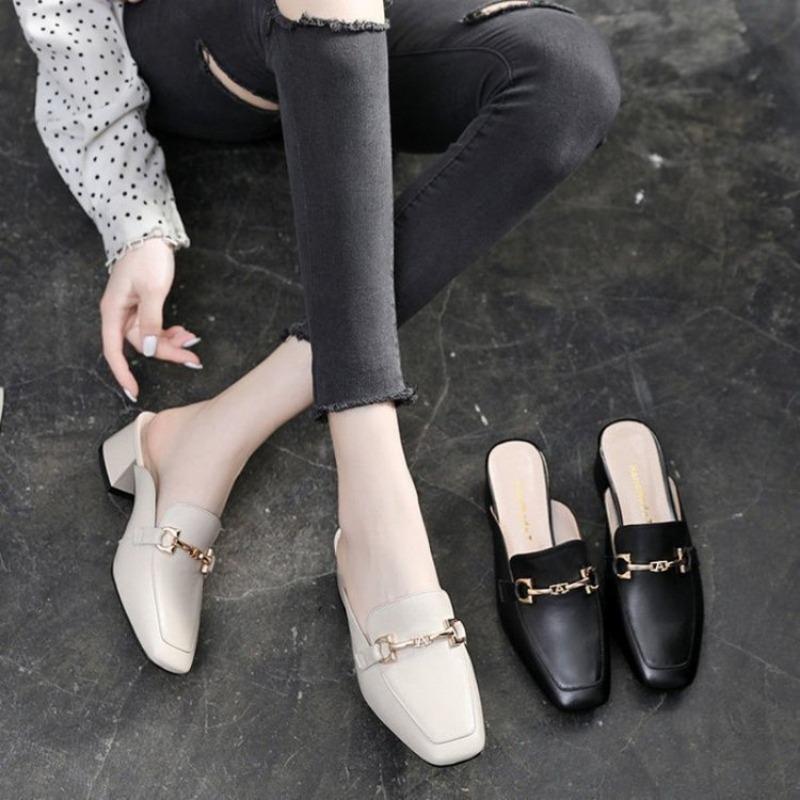 New Style Half-slipper Women's Thick-heeled Versatile Mid-heeled Square-toed High Heels Are Fashionable Shoes