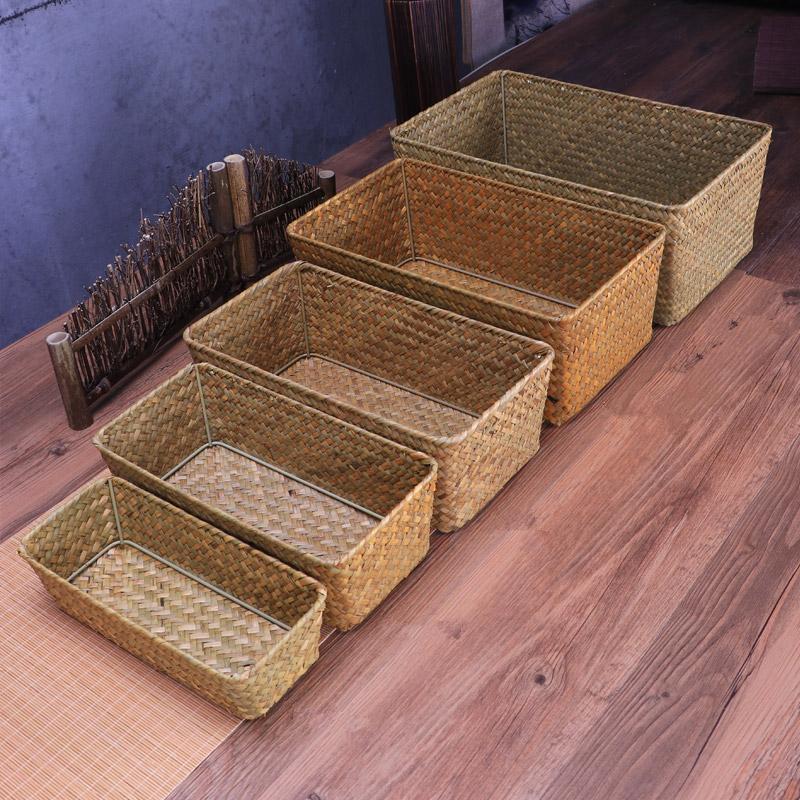Large Home Storage Basket Box Grass Woven Rectangular Storage Container Sundries Kitchen Drawer Organizer