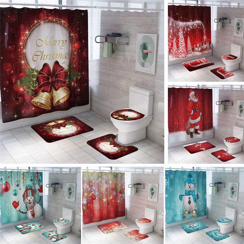 4pcs Shower Christmas Curtain Toilet Cushion Set Cover Mat Pad Rug Xmas Bathroom