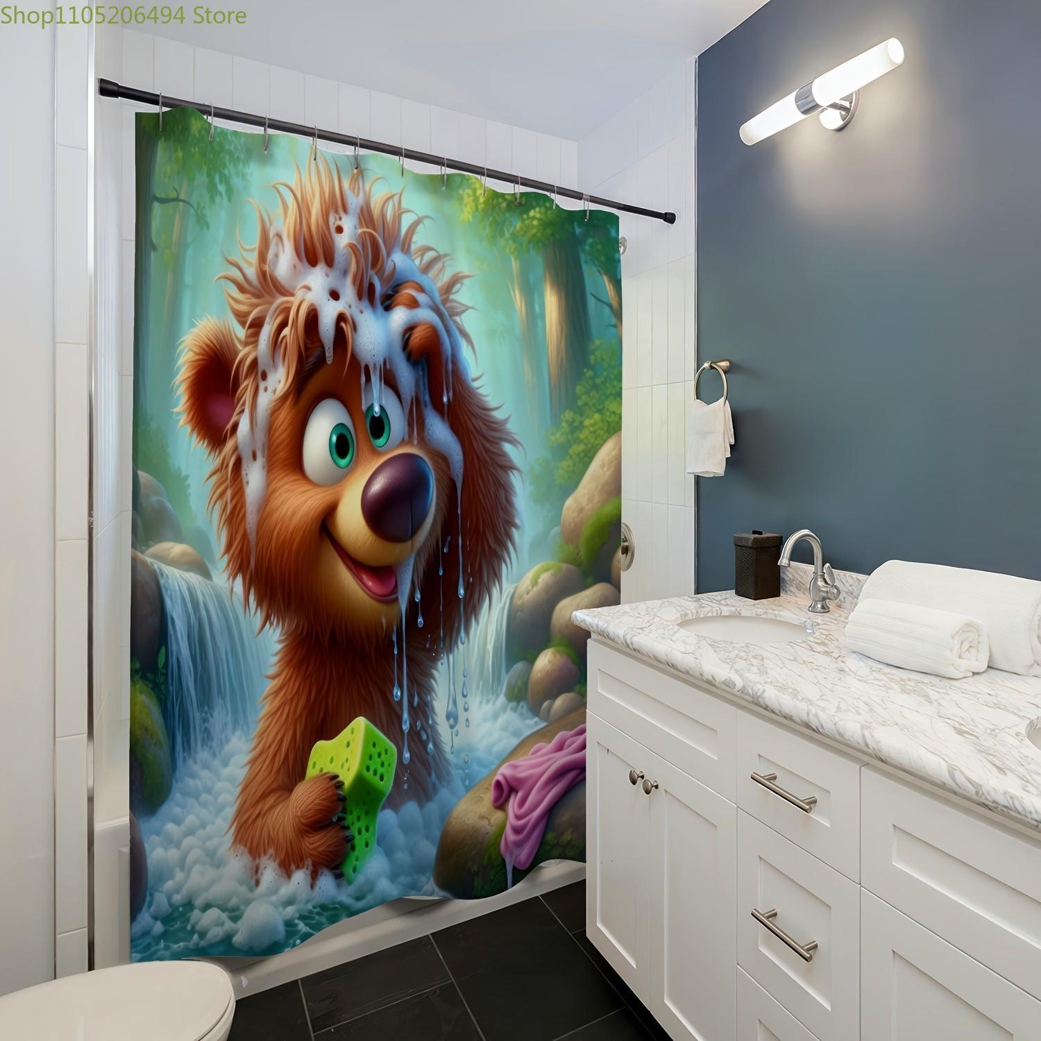 

A 2D Forest Brown Bear Cartoon Pattern Shower Curtain, Made of Polyester with Digital Printing, Featuring a High-End Elegant D 90x180cm