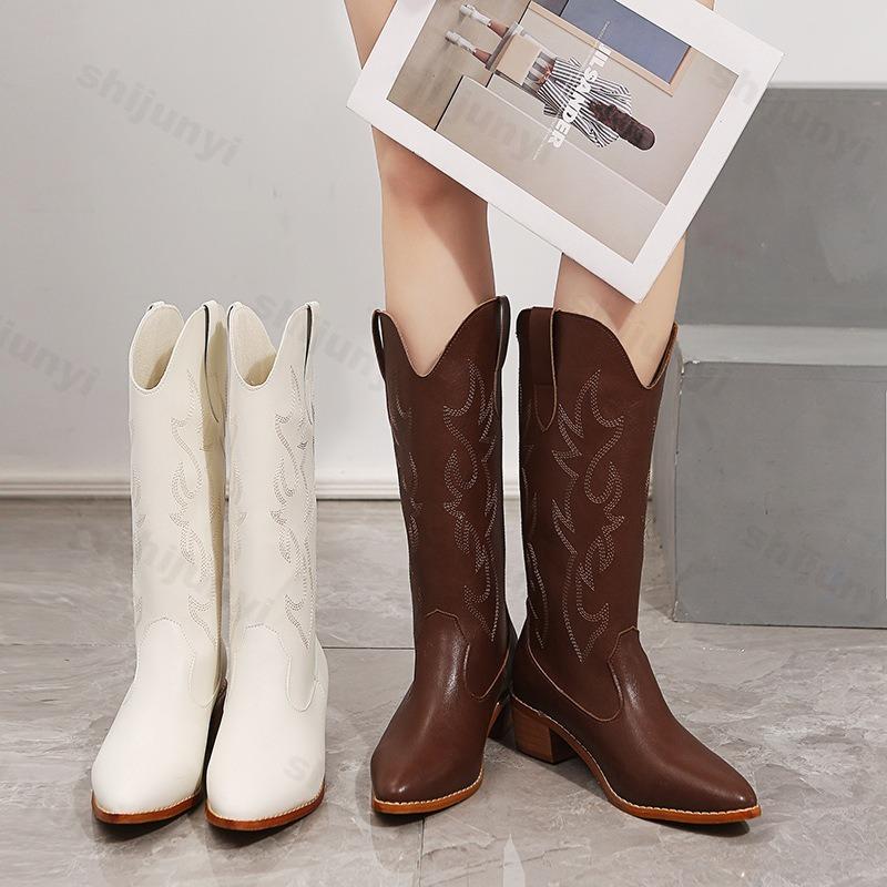 Damskie Zachodnie Buty Kowbojki 2026 Jesień Zima Szpiczasty Nosek Grube Obcasy Buty Kowbojki Damskie Do Kolan Botas Rozmiar 43 Botas Mujer