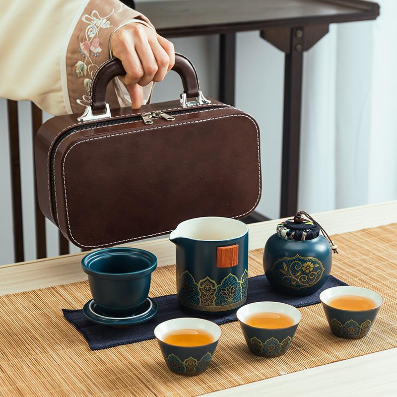 Podróżny ceramiczny zestaw do herbaty kung fu kreatywny ekspresowy kubek z tacą do herbaty cztery filiżanki puszka na herbatę kompletny zestaw prezentów biznesowych
