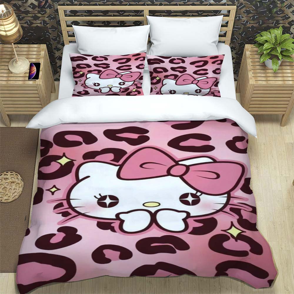 3D Printed Cartoon Leopard Print Hello Kitty Duvet Cover and Pillowcase Set - Home Decor, Creative Plus Size Bedding Set, 01