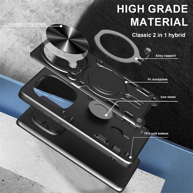 Push Window Alloy Magnetic Kickstand Armor Case For Redmi Note 14 Pro Plus 5G Slide Lens Ring Stand Cover Redmi Note 13 Pro Plus