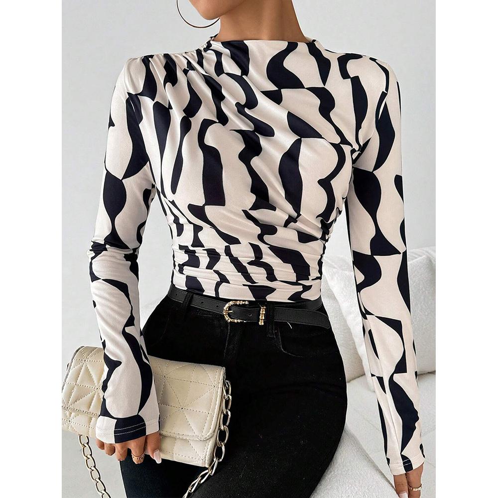 Women's Long Sleeve Shirts Geo Print Ruched Tees Mock Neck Elegant T-Shirt Tops