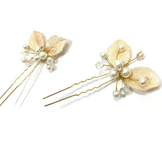 Bridal Wedding U Shape Leaf Rhinestone Faux Pearl Hair Stick Hairpins Gifts