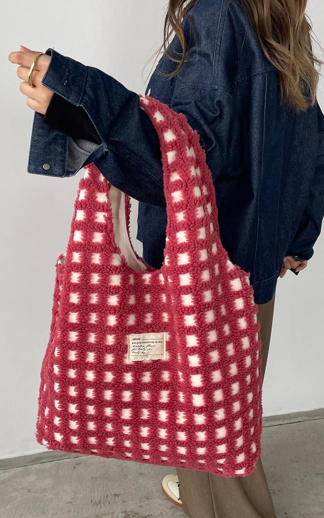 210NOUVE Checkered Boa Shoulder Bag, Red, Large Capacity Tote Bag [55K210G352-13]