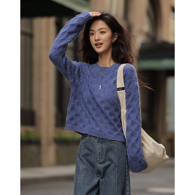 Cobalt Blue Relaxed Fit Hollow-Out Knit Sweater L