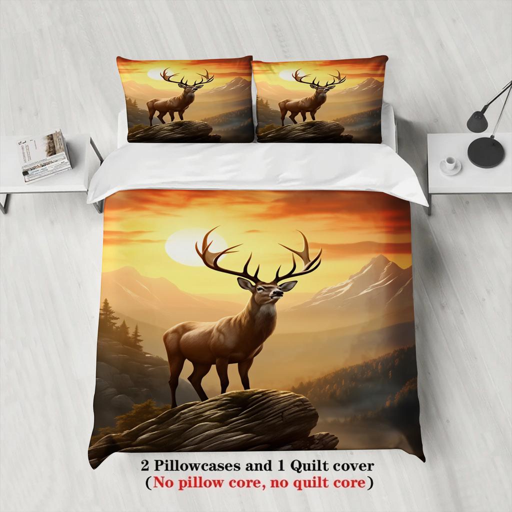 Sunset And Mountain Printed Duvet Cover 100% Polyester Made Warm Gradient Color Deer 3PCS Bedding Sets Comforter Not Included