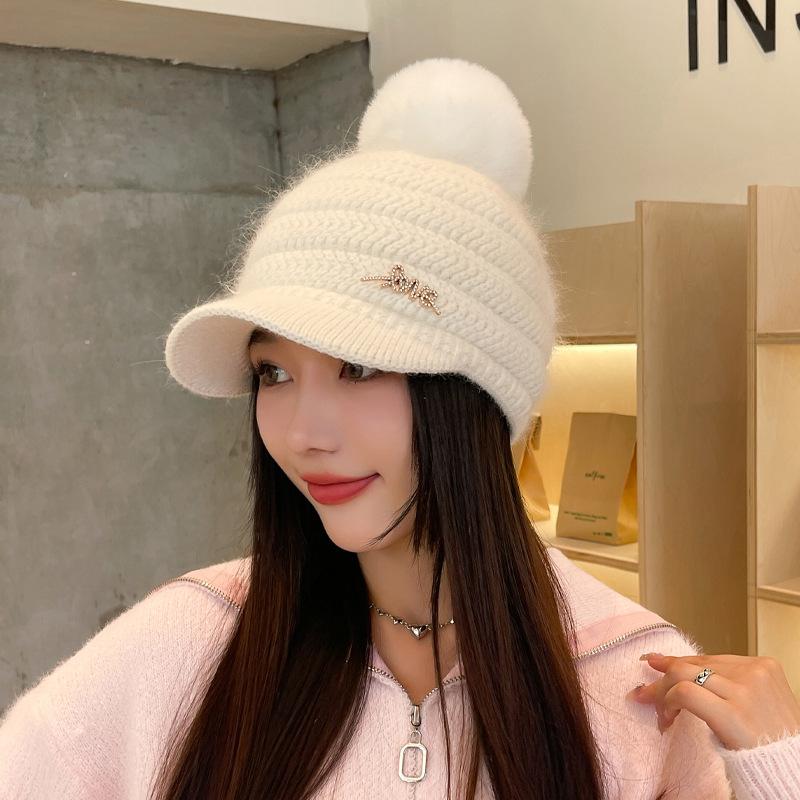 Rabbit-wool Hat for Women's Letters Bright Diamond Knitted Wool Cap Plus Velvet Warm Wool Ball Ear Protection Baseball Cap