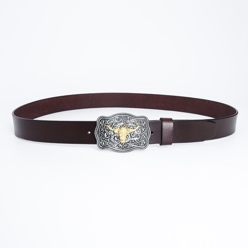 Western Bull Head Belt with Smooth Buckle - Patterned Cowhide Leather Men's Belt