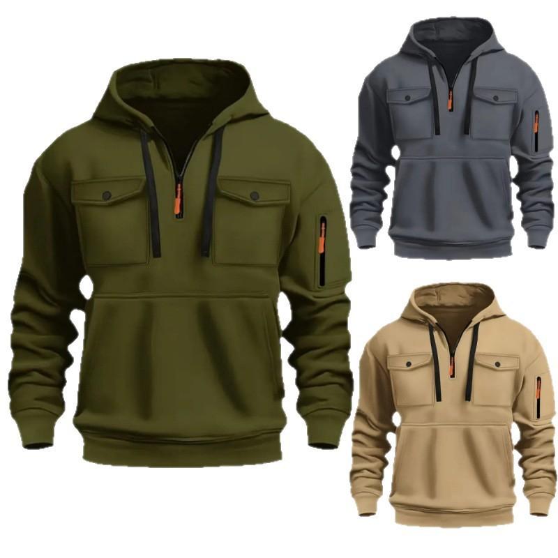 Mens Winter Warm Fleece Lined Hooded Pullover Sweatshirt With Zipper V-Neck Loose Fit Casual Sportswear