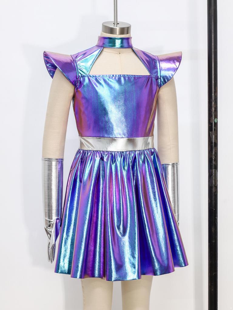 Kinderen Meisjes Buitenaards Cosplay Kostuum Uitgesneden Vliegende Mouw Metallic A-lijn Jurk met Handschoenen voor Halloween Robot Buitenruimte Feest