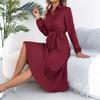 Spring and Summer Elegant Solid-color Collared Long-sleeved A-line Wrap Dress for Women