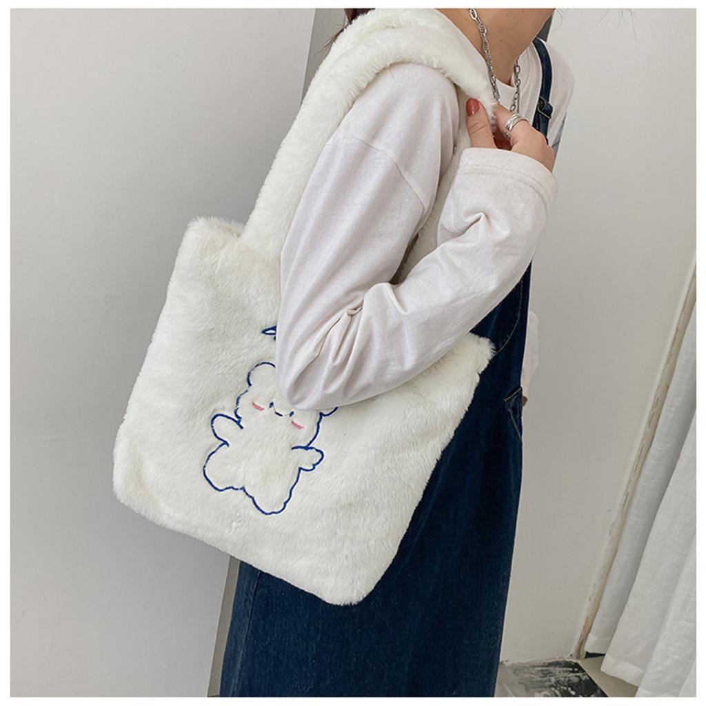 FASHION Women'S Shoulder Bags Bear Pattern Soft Plush Shopper Fashion Solid Colour Large Capacity Handbags Casual Simple Bag For Student