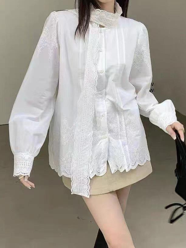 2026 French Light Luxury Lace Embroidery Women's Bow Tie Loose Top for Early Spring
