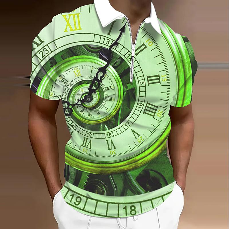 

Men s Shirt Polo Casual Zip Short Sleeve Fashion Casual Zipper Summer Spring Regular Fit 3D Clock Print Shirt 8XL зелёный