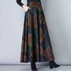 Woolen Skirt Elastic High Waist Large Hem Maxi Skirt with Plaid Pattern A-Line Autumn Winter Skirt Daily Wear