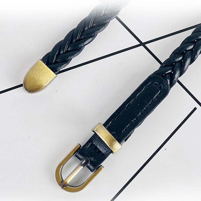 Women's Skinny Braided Leather Belts Vintage Thin Woven Waist Belts for Jeans Pants Dresses with Pin Buckle