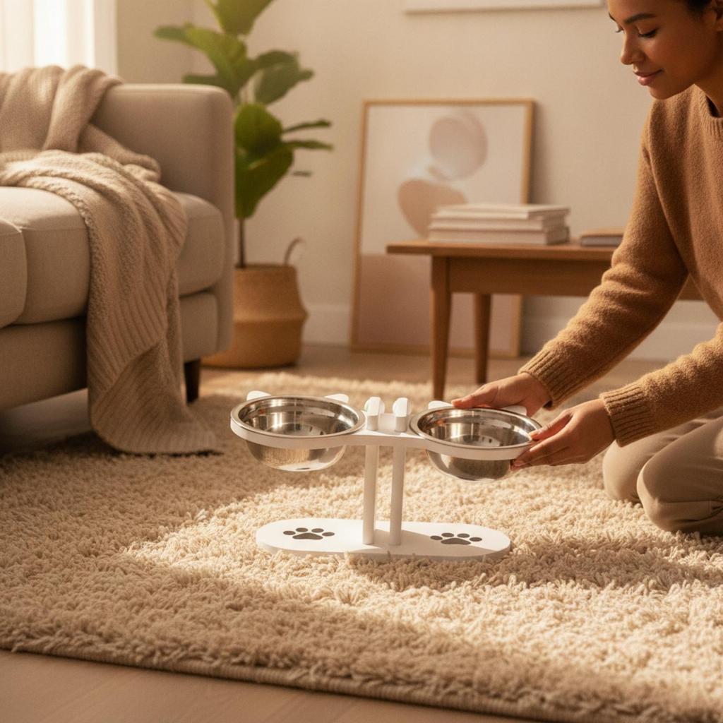 Wooden Pet Feeding Stand with Stainless-Steel Bowls Modern for Kitchen
