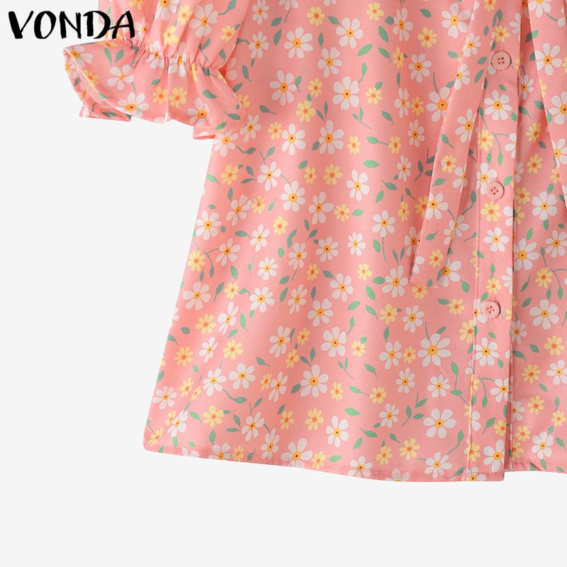 VONDA Elegant Women Floral Print Blouse Casual Puff Sleeve V Neck Ruffled Tops