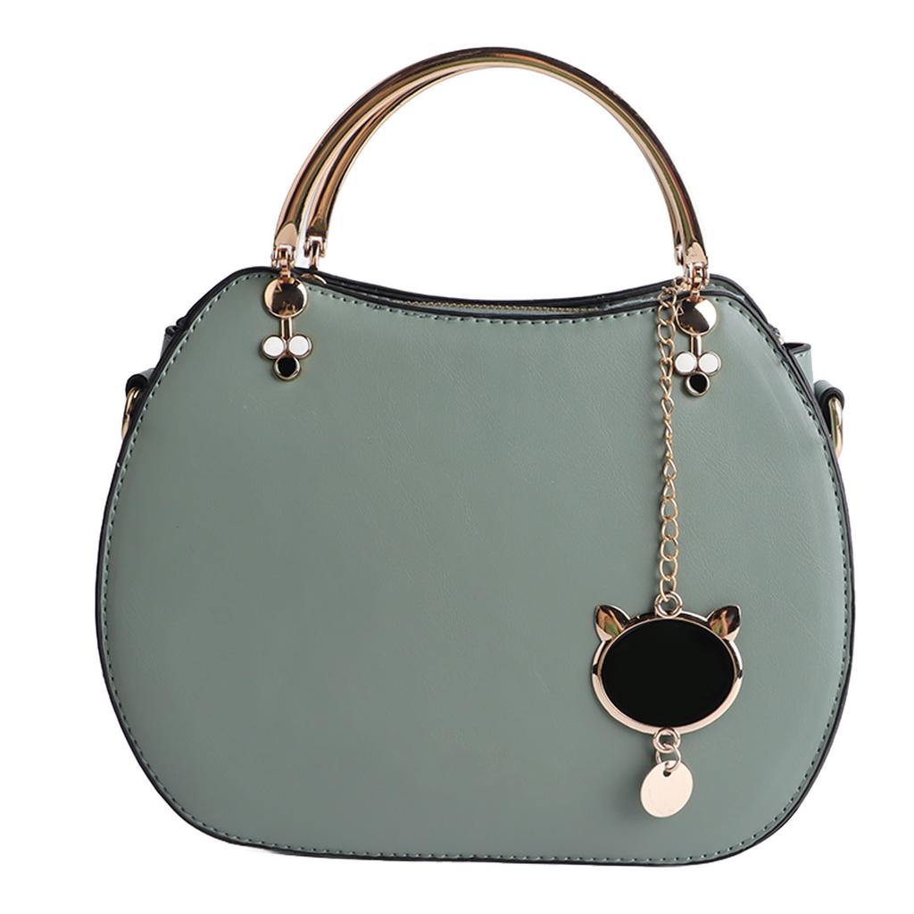 Woman Fashion Shell Handle Bag with Adjustable Straps PU Leather Shoulder Bag Adorable Cat Pendant Decorations Green PU