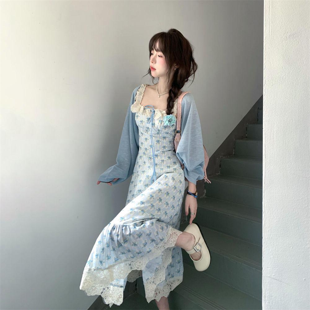 (original quality) Super fairy gentle wind first love edge floral suspender dress summer new salt and sweet dress