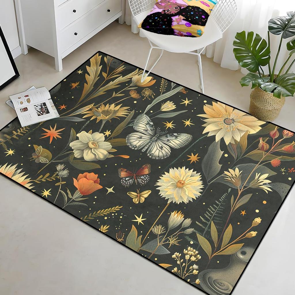 Butterfly Rug for Girls Bedroom - Floral Rugs for Living Room Dinning Room Butterfly Carpet Beautiful Flower Carpet Floor Mats