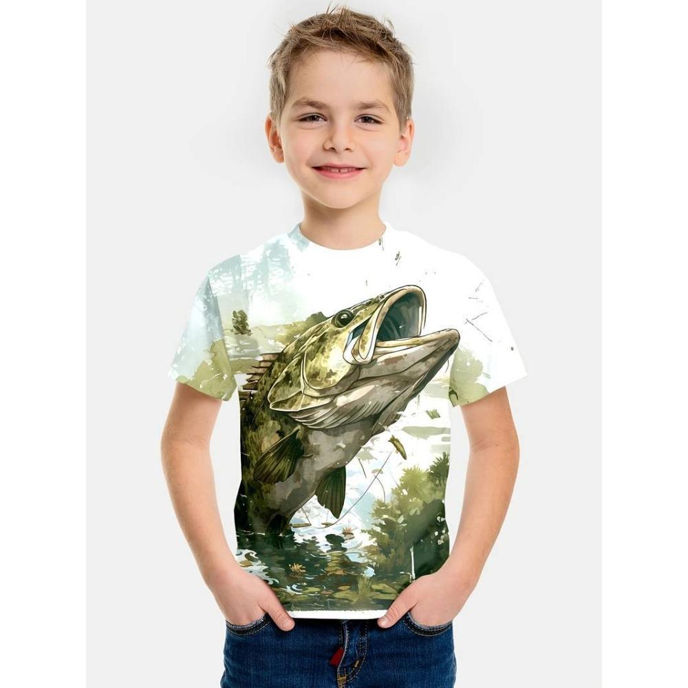 Boys' short-sleeved T-shirt with a round neck and a 3D summer fish print
