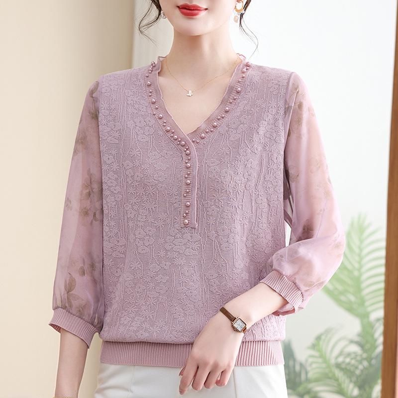 

Spring/Summer Round Neck Mesh Sleeve Ice Silk Top for Middle-Aged Women 5XL