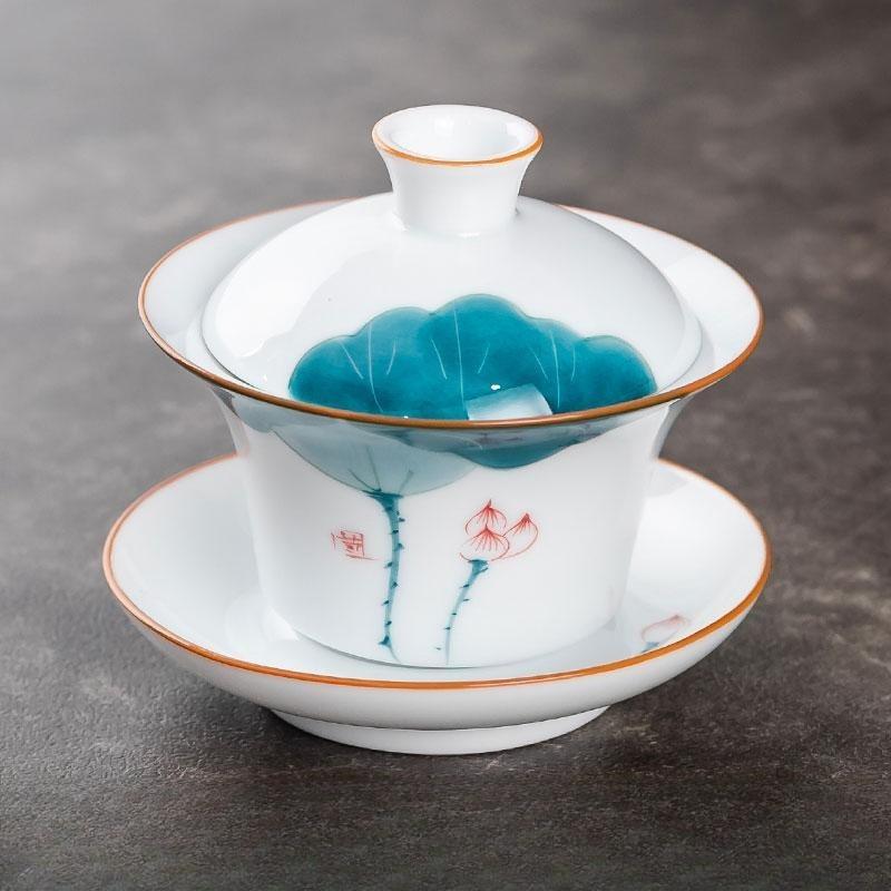 150ml Ceramic Hand-painted Tea Cup Non Hot White Porcelain Sancai Tea Bowl Underglaze Color Covered Bowl Drinking Utensils